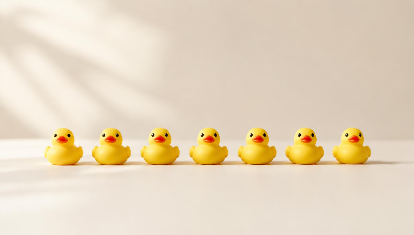 A neat row of yellow rubber ducks lined up on a warm cream background